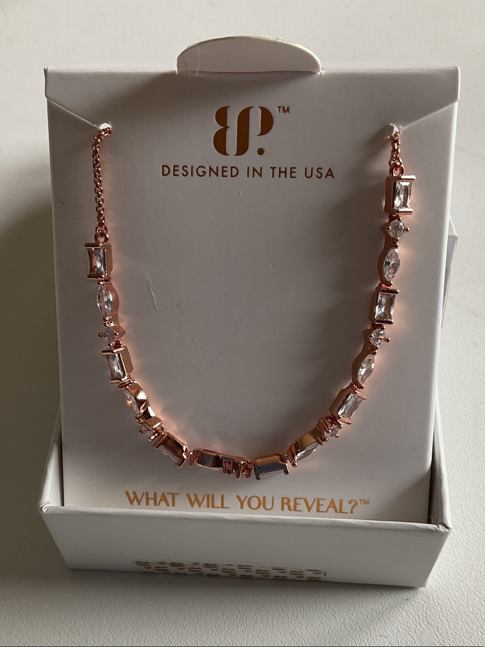 bp Rose Gold Bar Bracelet with Clear Stones